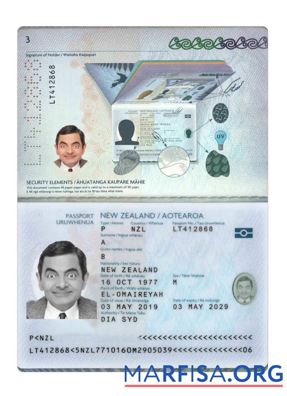 Printable New Zealand passport 2019 present example